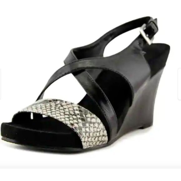 Aerosoles Plushed Together Open Toe Synthetic Black Snake Wedge Shoes Sz.8.5 - Picture 1 of 10